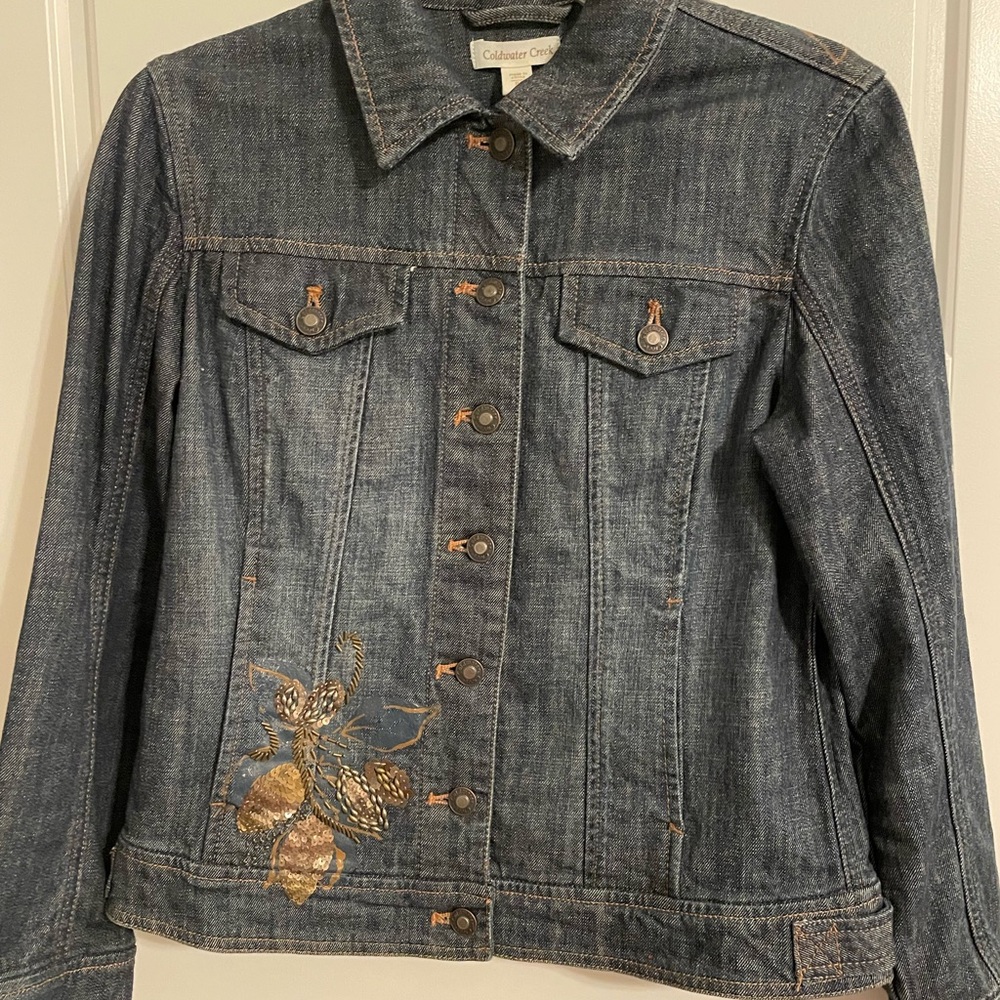 Coldwater Creek Blue Denim Jacket with Gold Embroidery